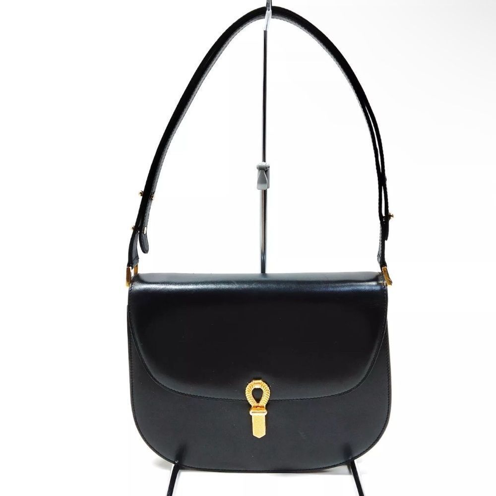 Auth Bally Vtg Polished Black Leather Small Saddle Shoulder Bag